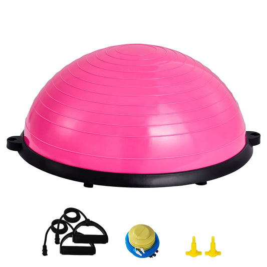 Half Balance Ball Trainer, 23-Inch Stability Ball with a 660Lbs Weight Limit, Includes Resistance Bands & Foot Pump for a Comprehensive Home Gym Experience, Ideal for Full Body Fitness, Pink
